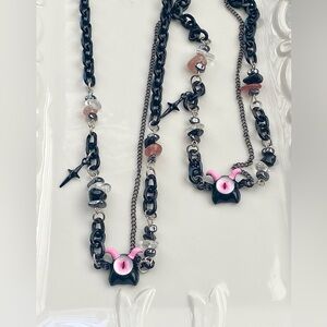 N227-Halloween Collection Black Chain With Pink Charm And Gemstone